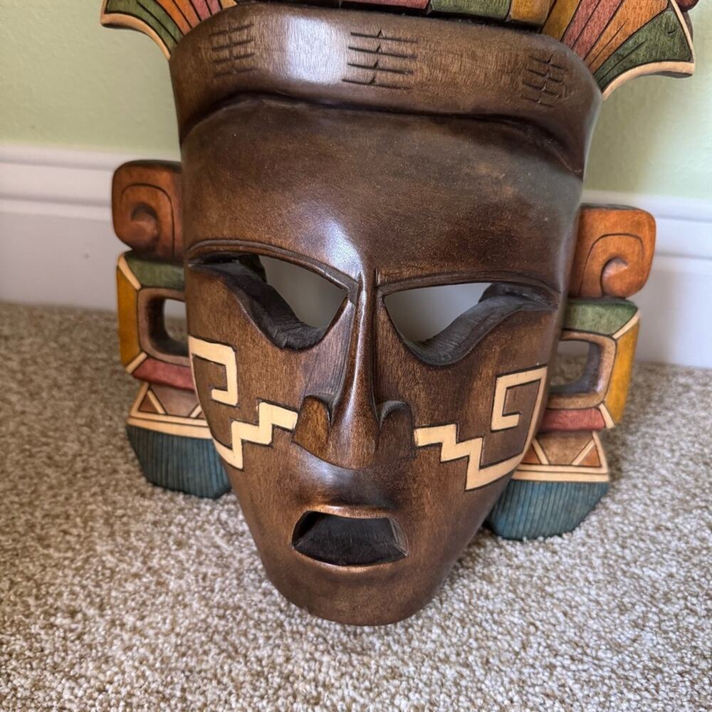 Handcrafted Wooden Mask Wall Hanging Art Ixchel Mayan Mexican Aztec Sculpture - Picture 4 of 12